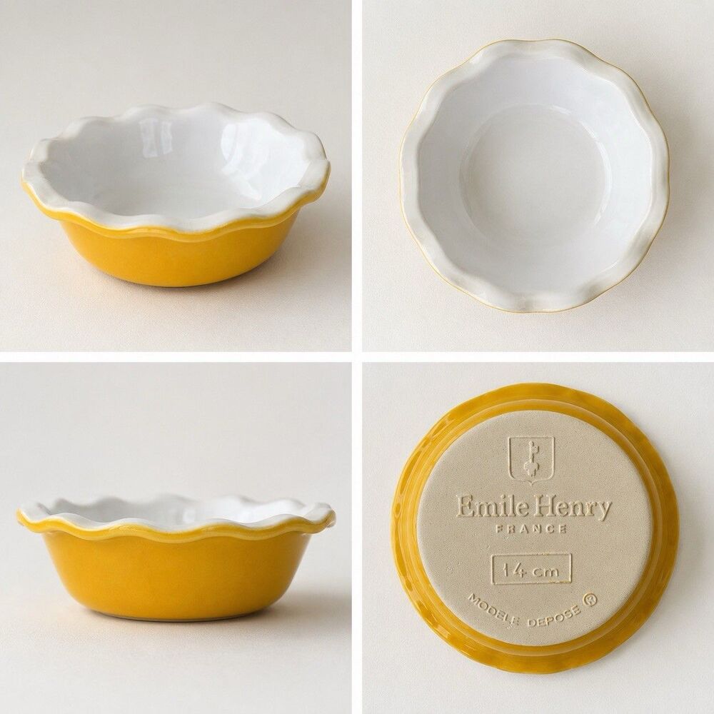 Emile Henry Yellow Ruffled Individual Baking Dish Casserole Desserts UC- 2 Set 4